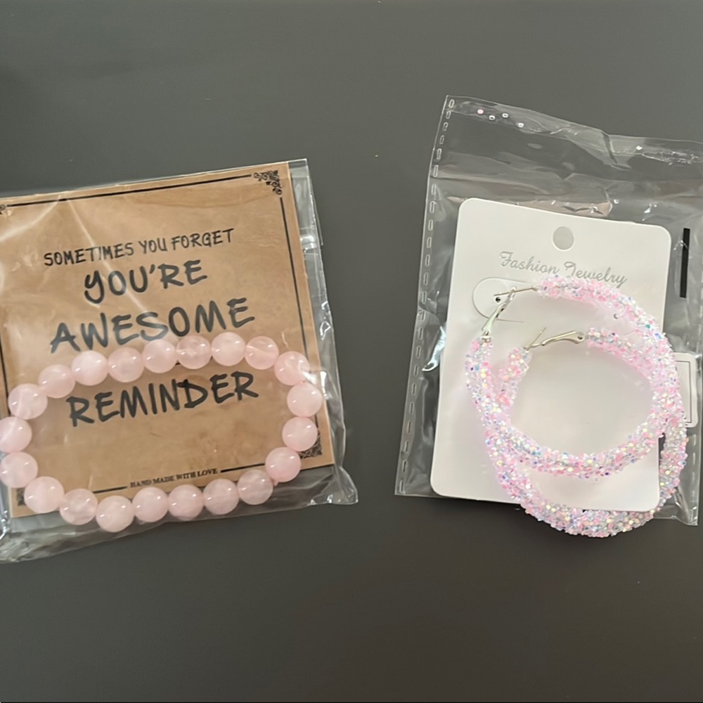 Pink Beaded Bracelet & Sparkly Hoop Earrings Set